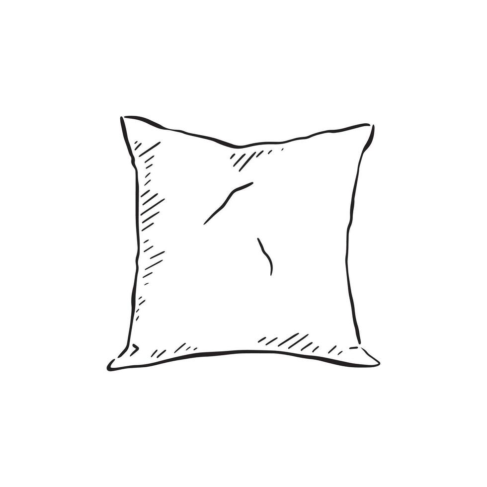 A line drawn illustration of a pillow in black and white. Drawn by hand in a sketchy style vector