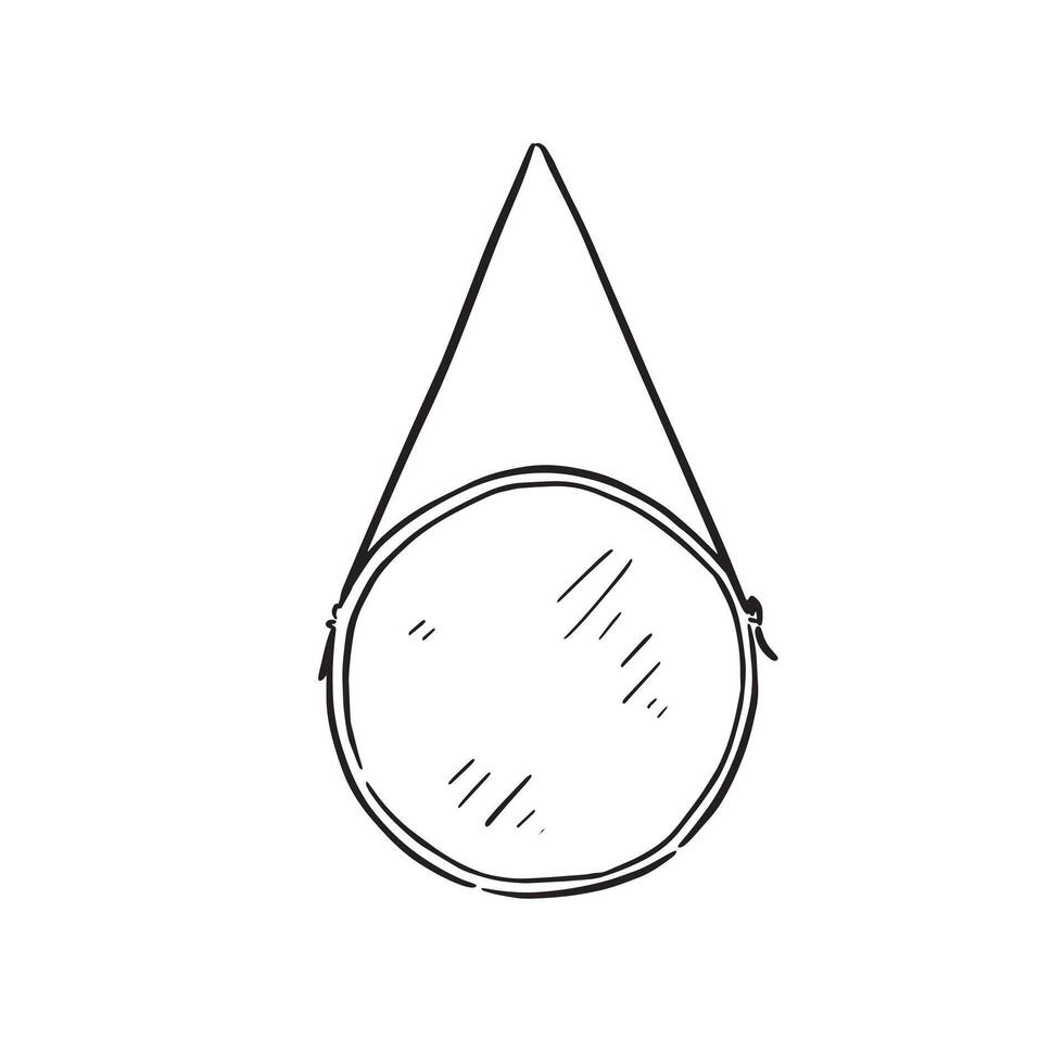 A line drawn illustration of a hanging circular mirror in black and white. Drawn by hand in a sketchy style vector
