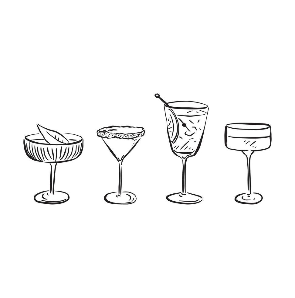 A line drawn illustration of individual cocktails in a sketchy style. Black and white sketch vector