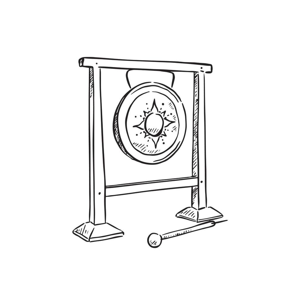 A line drawn illustration of a gong in black and white vector
