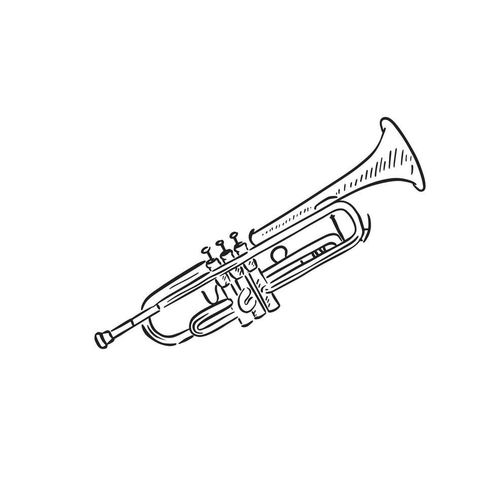 A line drawn illustration of a trumpet in black and white vector