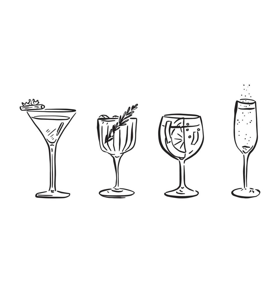 A line drawn illustration of individual cocktails in a sketchy style. Black and white sketch vector