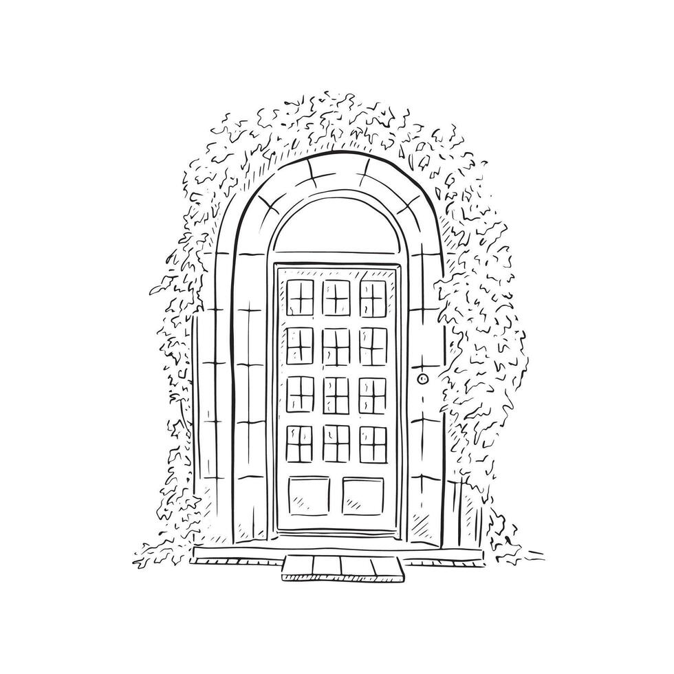 A line drawn illustration of a beautiful front door in a black and white sketch style. Finished with ivy around the door. vector