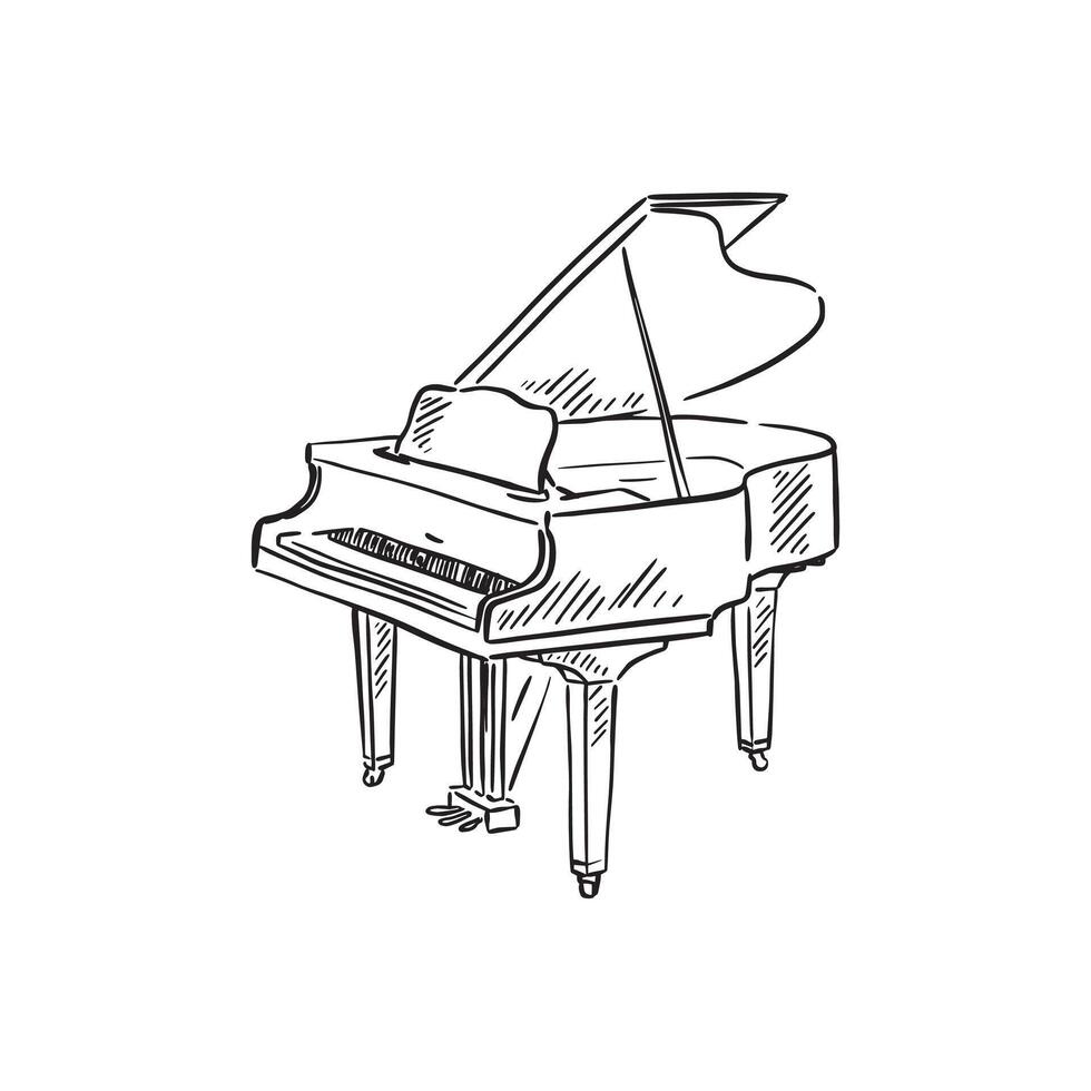 A line drawn illustration of a grand piano in black and white vector