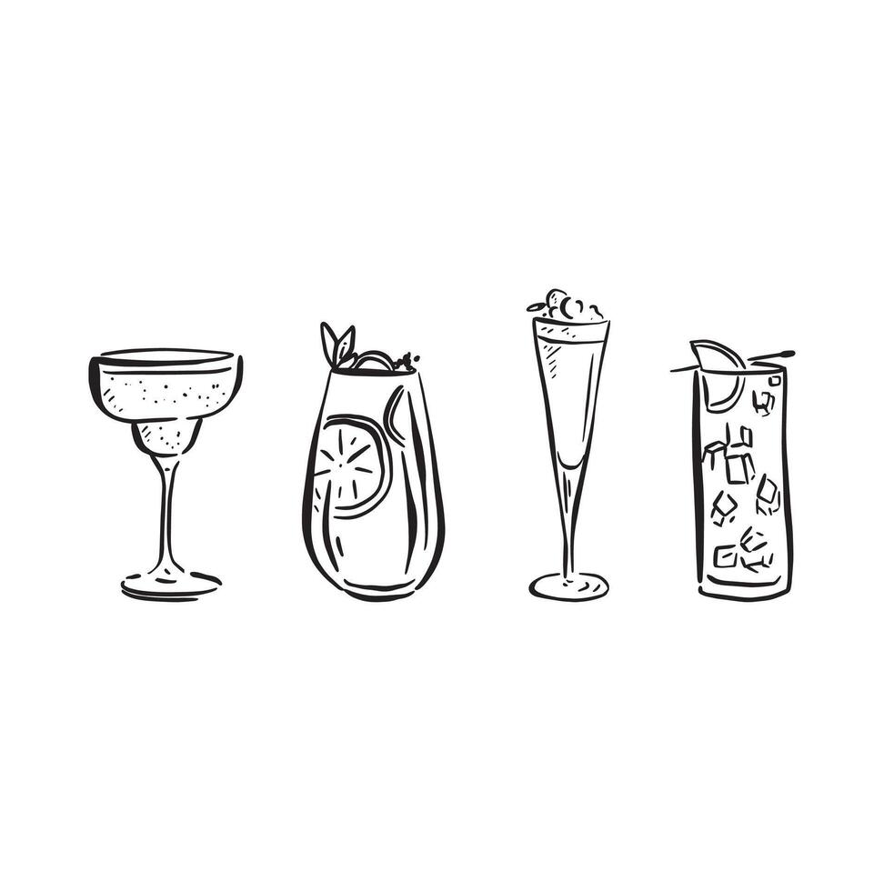 A line drawn illustration of individual cocktails in a sketchy style. Black and white sketch vector