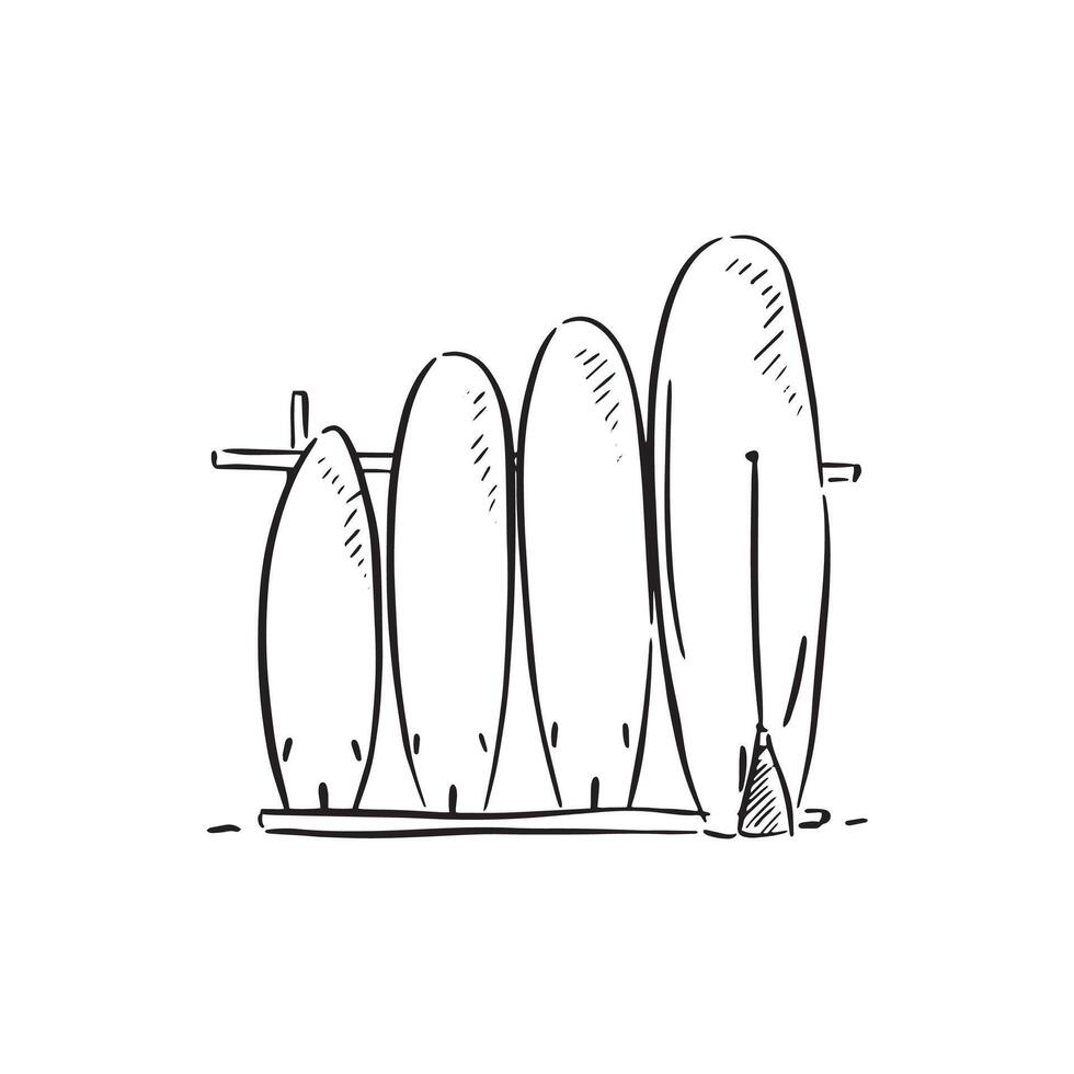 A line drawn sketch of four surf boards in black and white vector