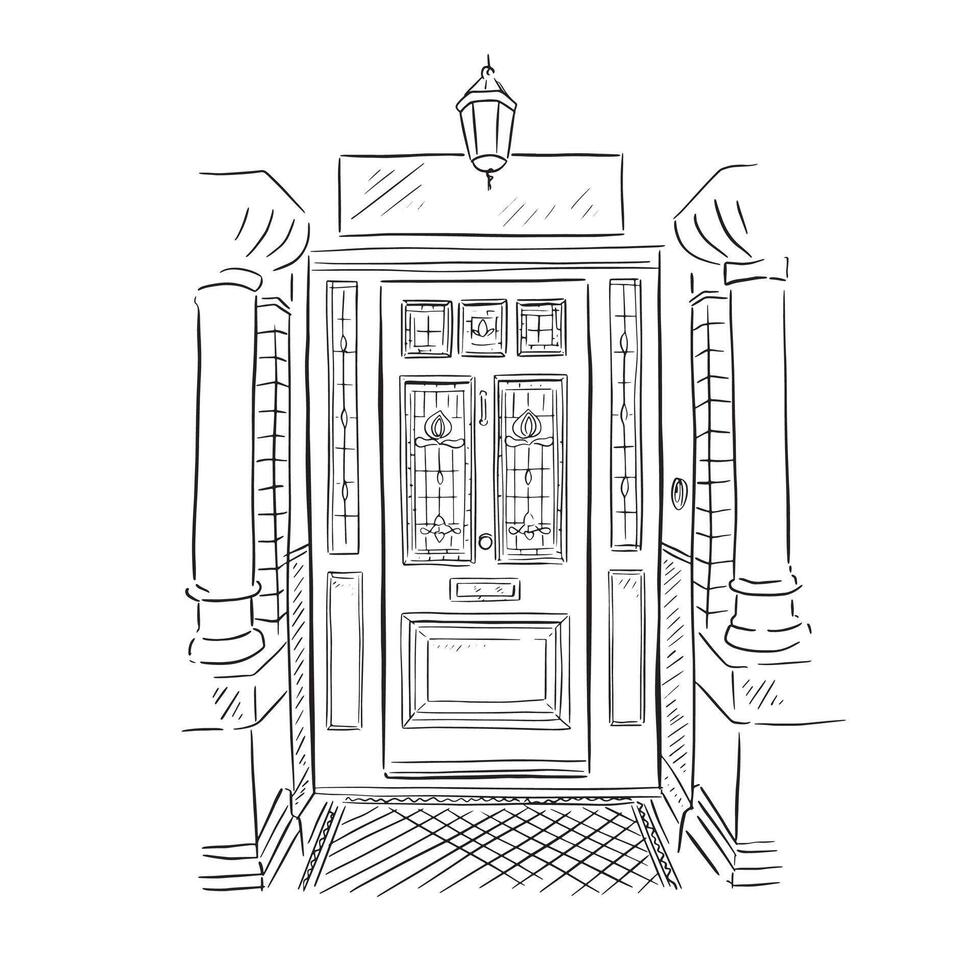 A line drawn illustration of a beautiful house front door in a black and white sketch style. Finished with pillars either side of the door and a tiled floor. Vectorised for a variety of uses vector