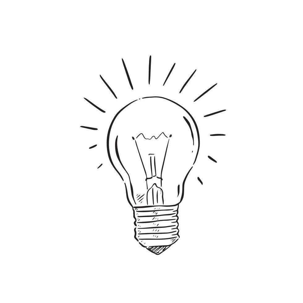 A line drawn illustration of a light bulb in black and white. The bulb has lines radiating from the light source. vector