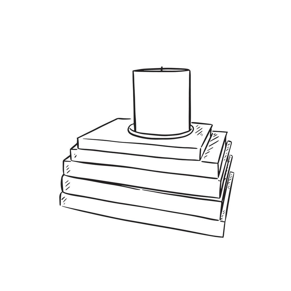 A line drawn illustration of a stack of books with a candle on the top in black and white. Drawn by hand in a sketchy style vector