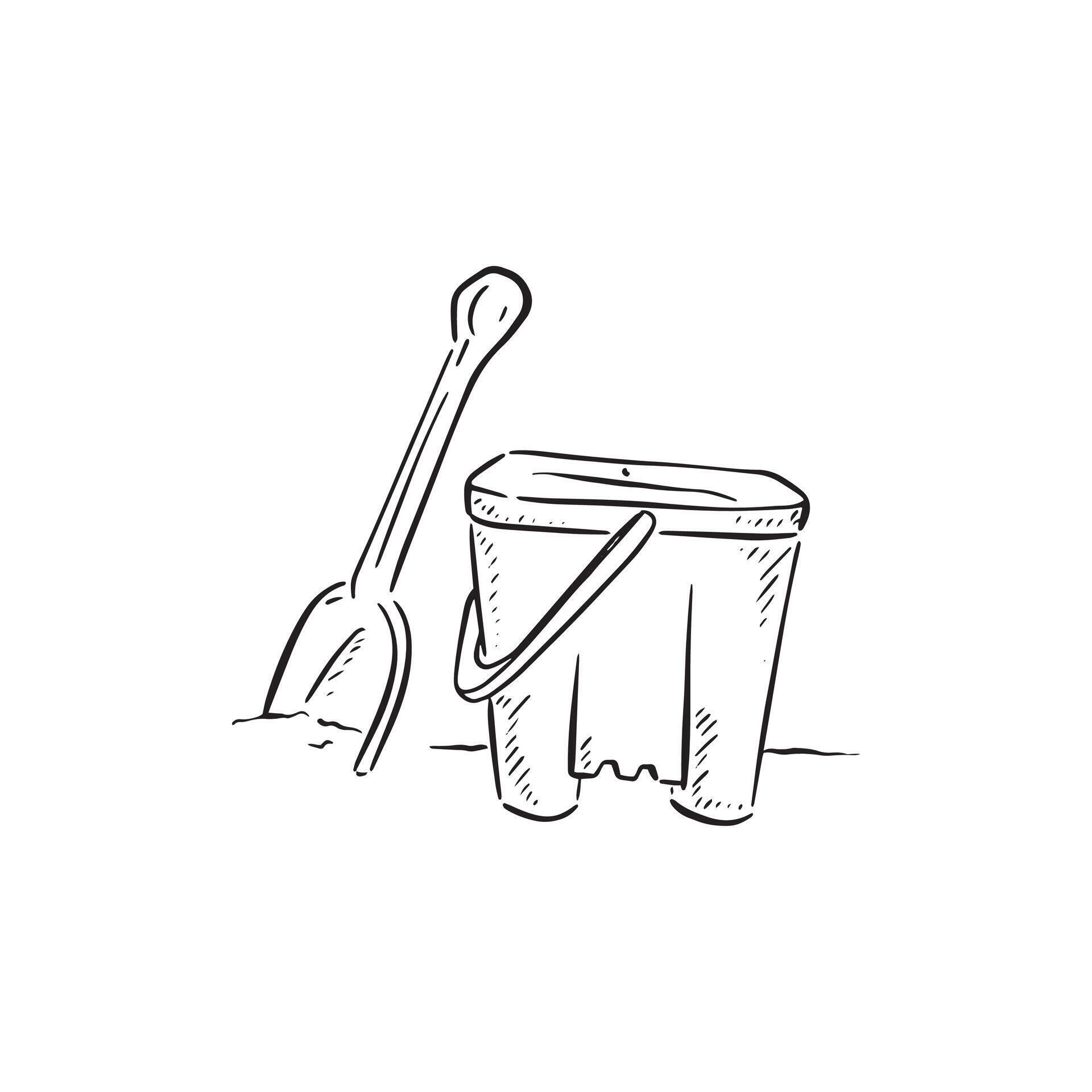 A line drawn sketch of a bucket and spade in black and white 45691499 Vector Art at Vecteezy