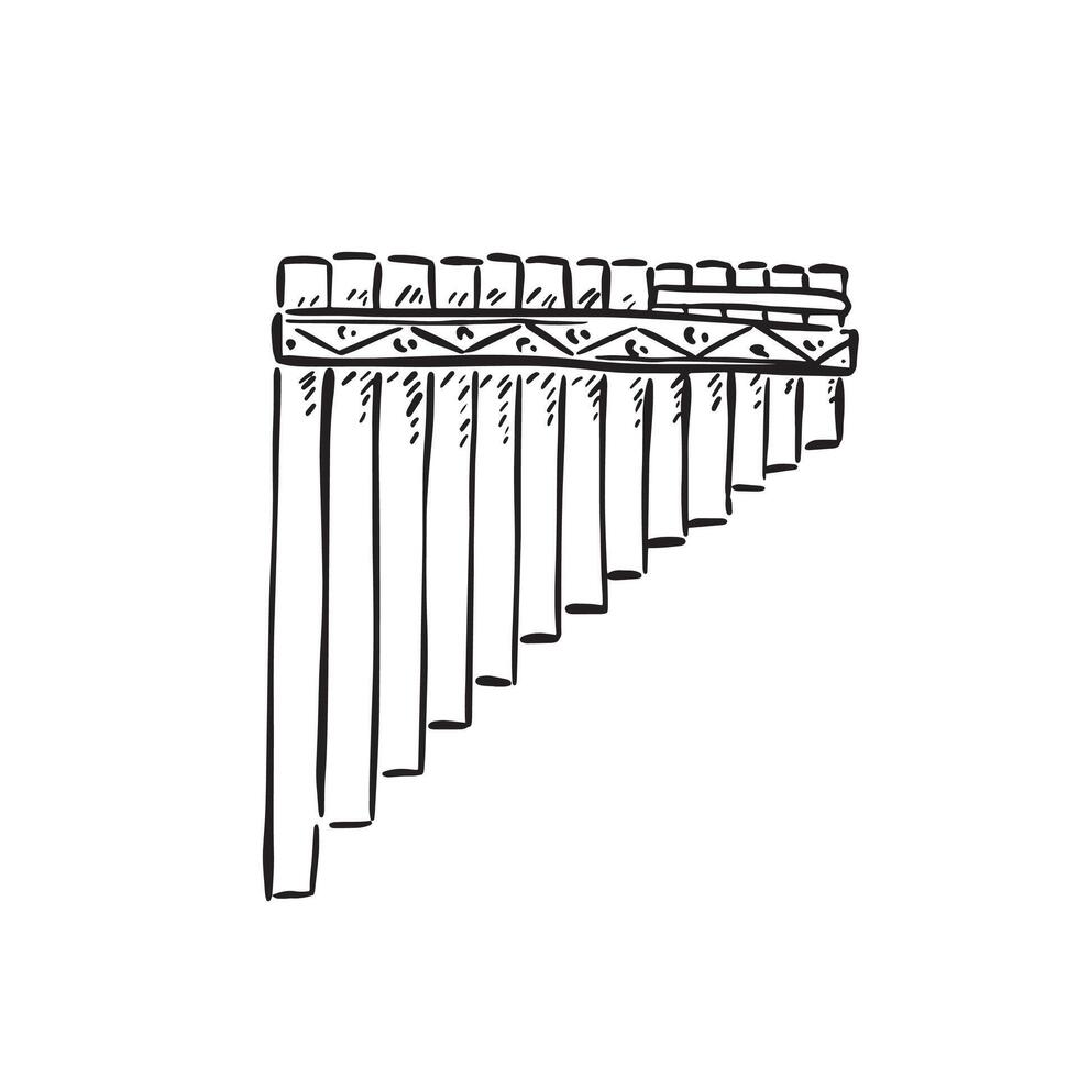 A line drawn illustration of panpipes in black and white. Drawn by hand in a sketchy style vector