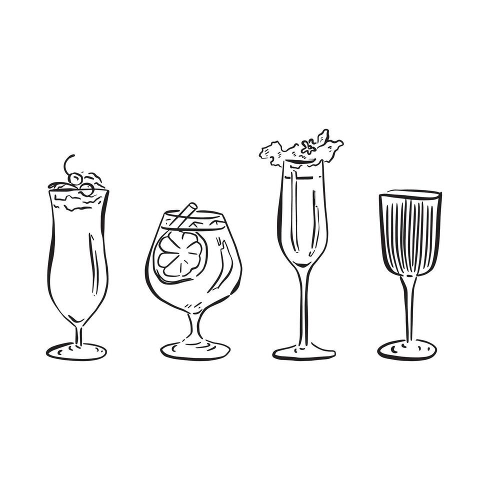 A line drawn illustration of individual cocktails in a sketchy style. Black and white sketch vector