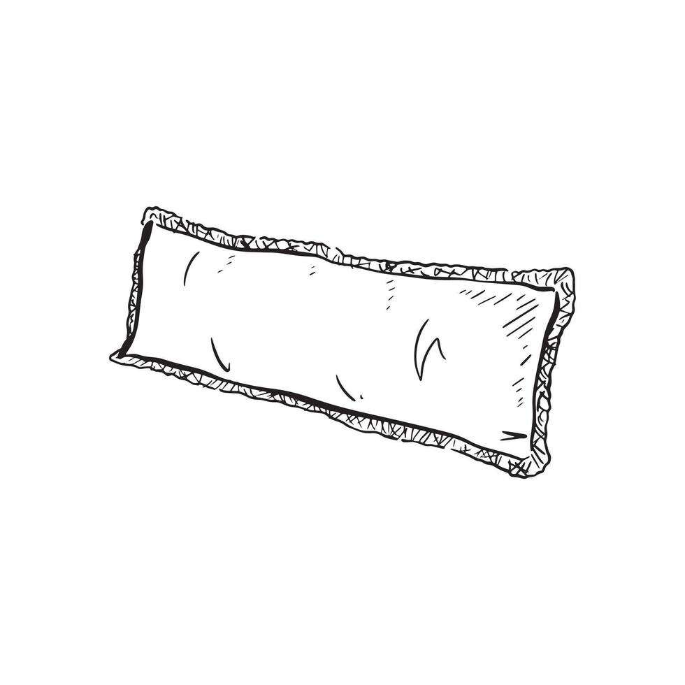A line drawn illustration of a long cushion in black and white. Drawn by hand in a sketchy style vector