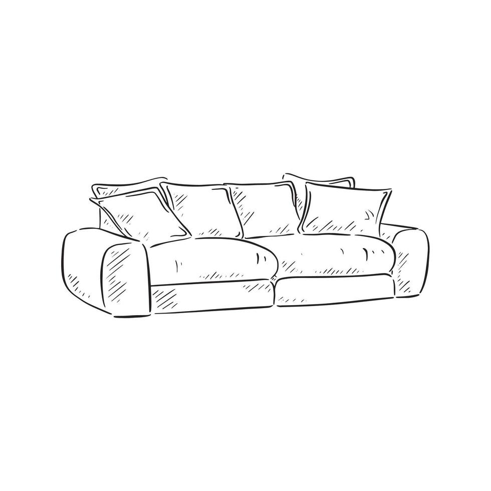 A line drawn illustration of a comfortable sofa with four cushions in black and white. Drawn by hand in a sketchy style vector