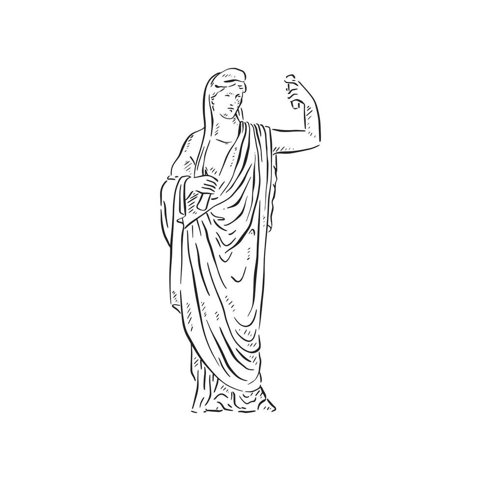 A line drawn illustration of a black and white statue of a woman wearing swags. Drawn in a sketchy style vector