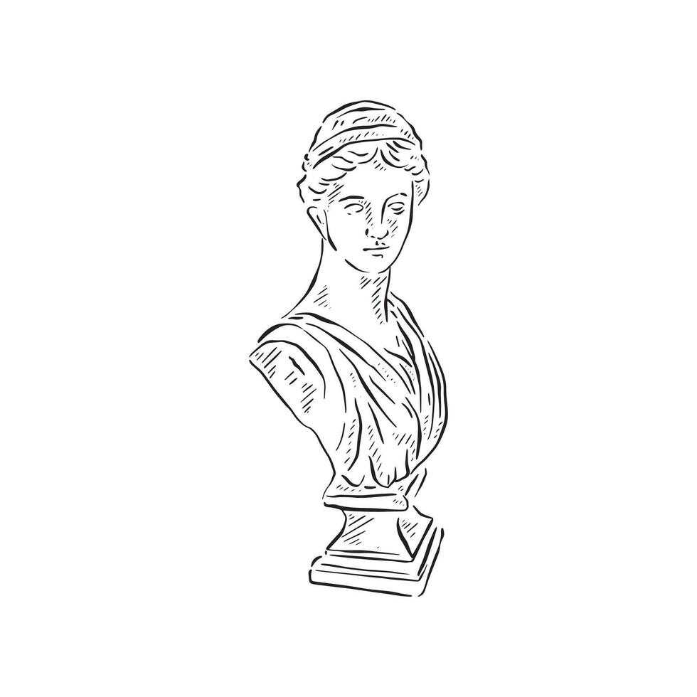 A line drawn illustration of a black and white female bust on a plinth. Drawn in a sketchy style vector