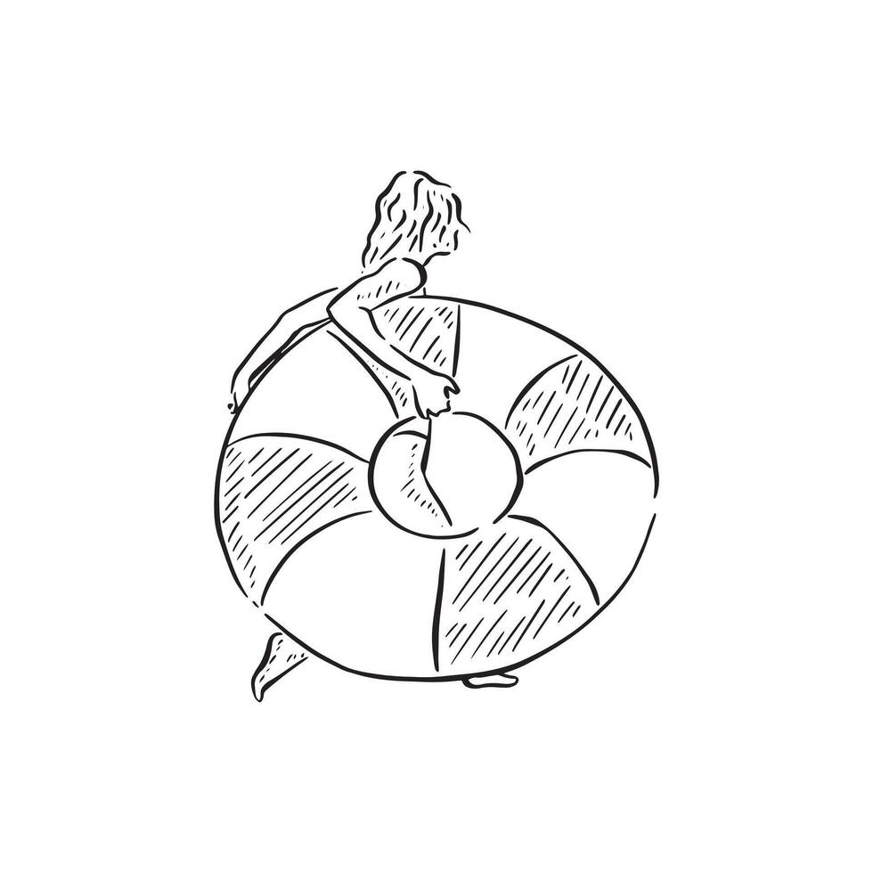 A line drawn sketch of a girl running with a rubber ring in black and white. vector