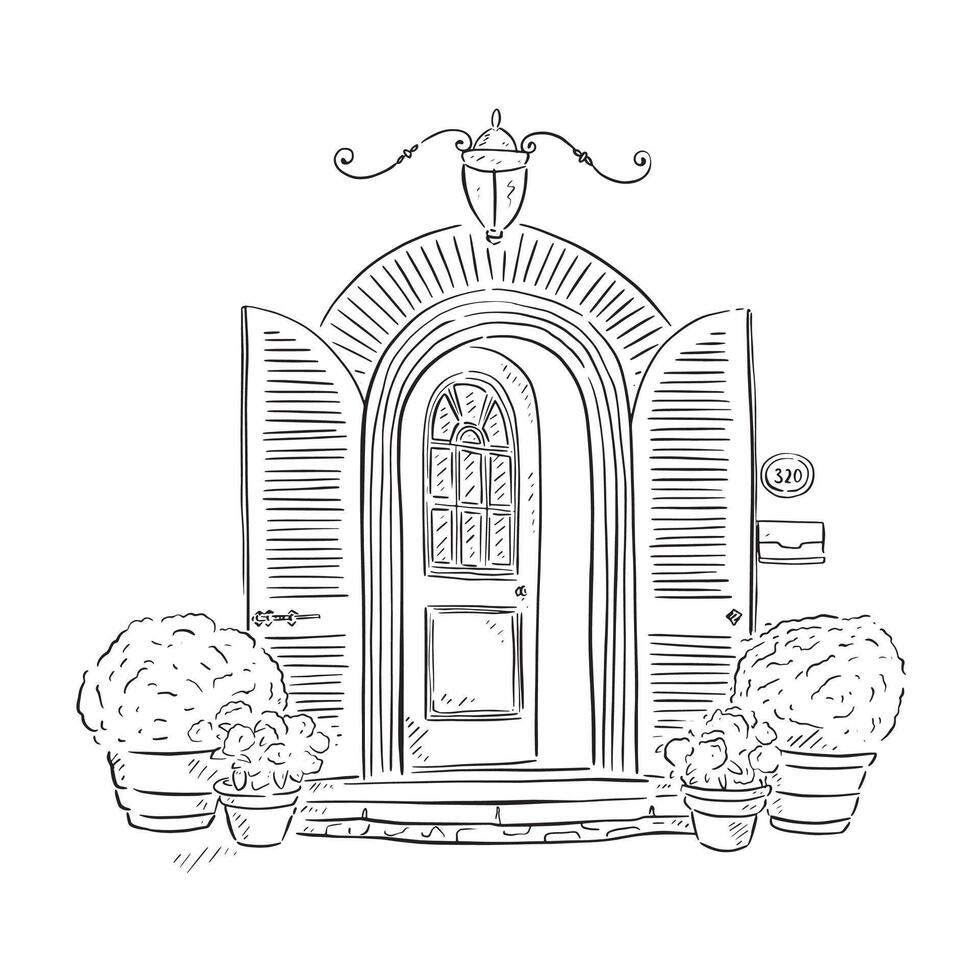 A line drawn illustration of a beautiful chateaux front door in a black and white sketch style. Finished with bushes in pots either side of the door. vector