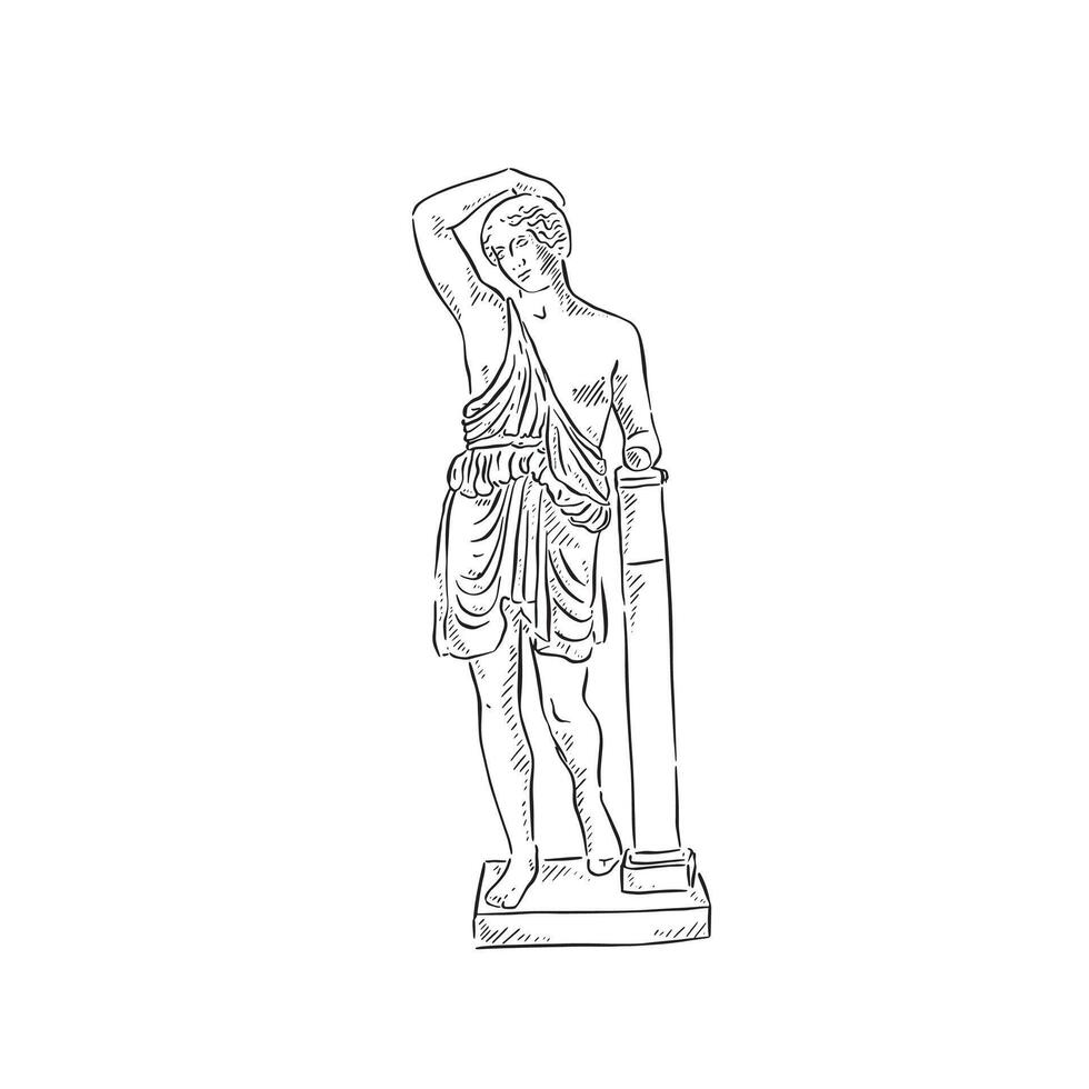 A line drawn illustration of a black and white statue on a plinth. Figure is leaning and inspired by Greek and Roman. Drawn in a sketchy style vector