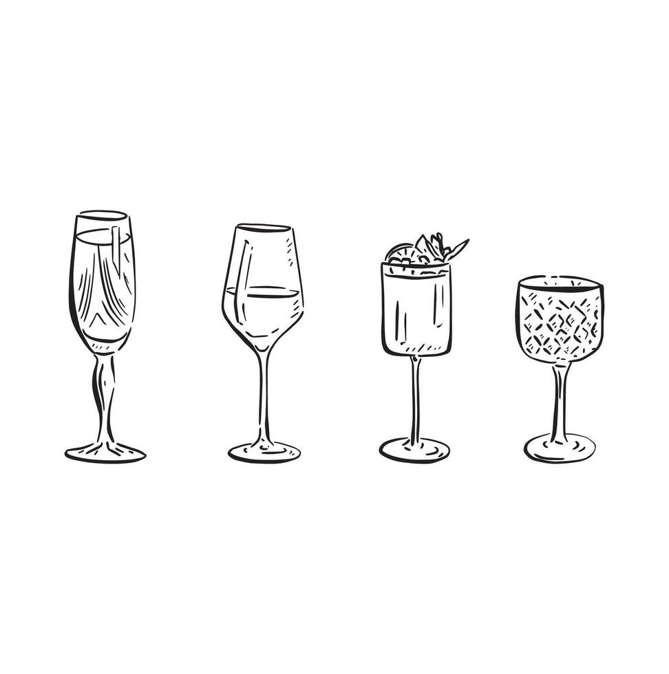 A line drawn illustration of individual cocktails in a sketchy style. Black and white sketch vector