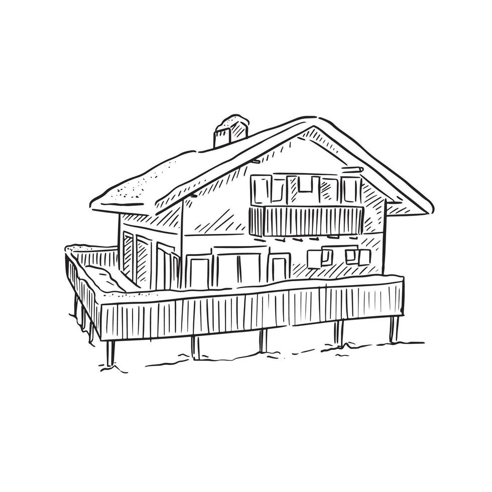 A line drawn ski chalet house in black and white. House with a wooden balcony wrapping around the left hand side of house. Hand drawn on Procreate using an Apple Pencil. vector