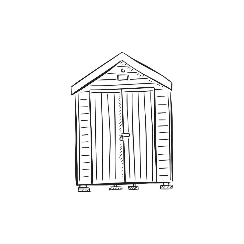 A line drawn sketch of a shed or beach hut in black and white vector