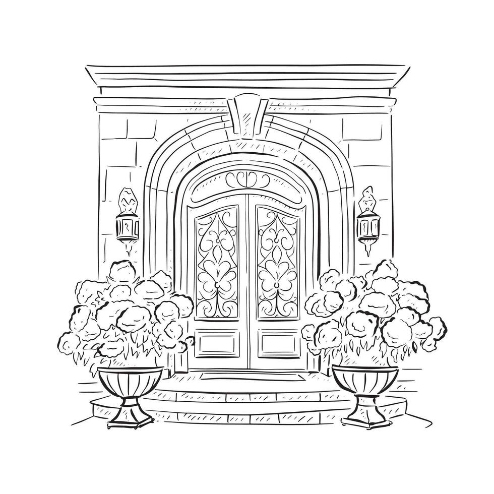A line drawn illustration of a beautiful hotel or mansion front door in a black and white sketch style. Finished with hydrangeas in pots either side of the door. vector