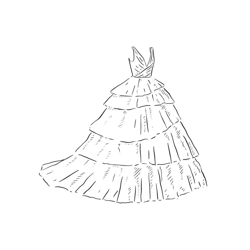 A line drawn illustration of a beautiful tuille layered dress, which could be used for bridal boutiques, wedding blogs and so much more vector