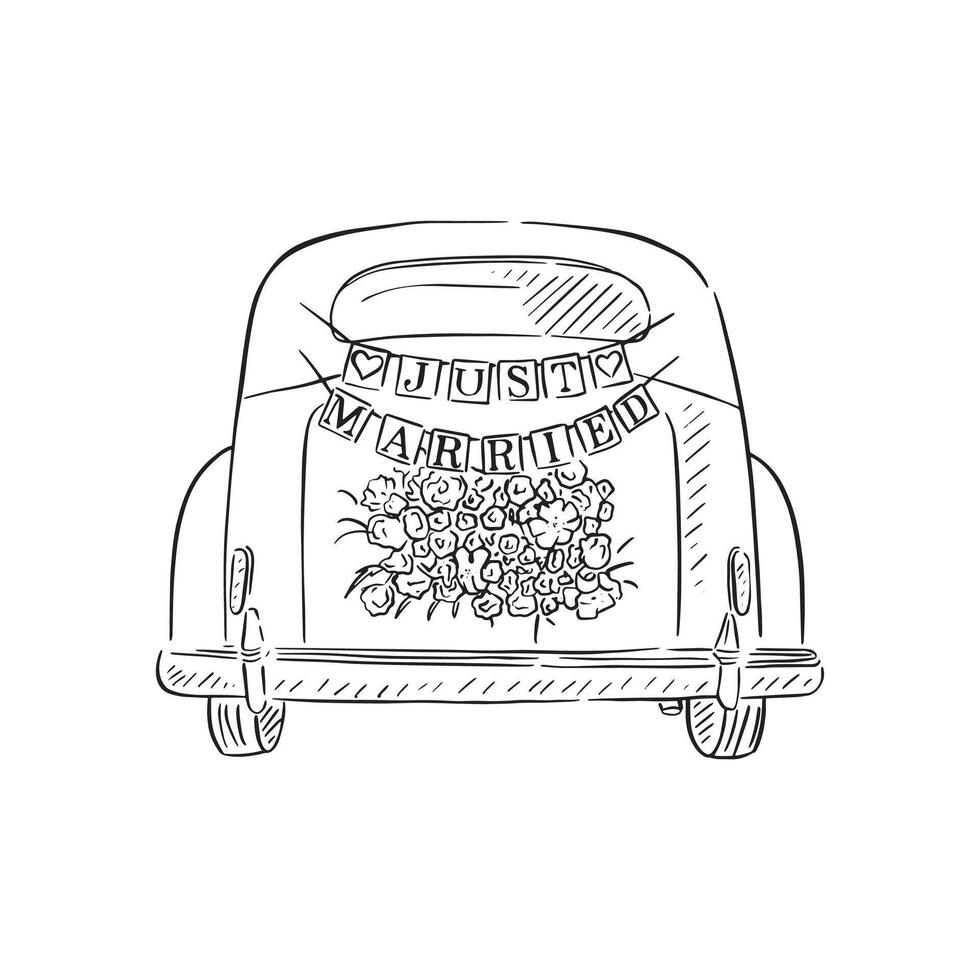 A line drawn illustration of a wedding car with a 'just married' bunting banner on the back. Hand drawn. vector