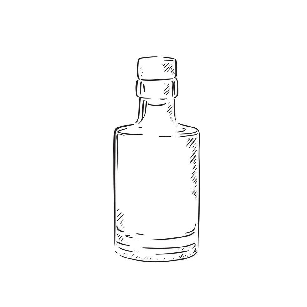 A line drawn black and white illustration of a glass perfume or potion bottle, shaded using lines and drawn in a sketchy style vector