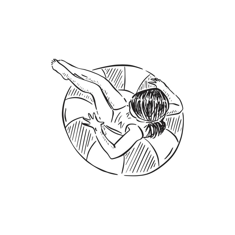 A line drawn sketch of a girl in a rubber ring in black and white vector