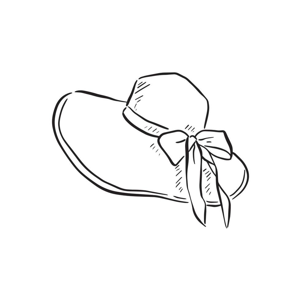 A line drawn sketch of a pretty sun hat in black and white vector