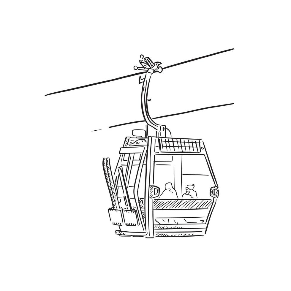 A line drawn illustration of a single gondola on a wire. Skis are placed in the left hand side of the gondola. Hand drawn on Procreate. vector