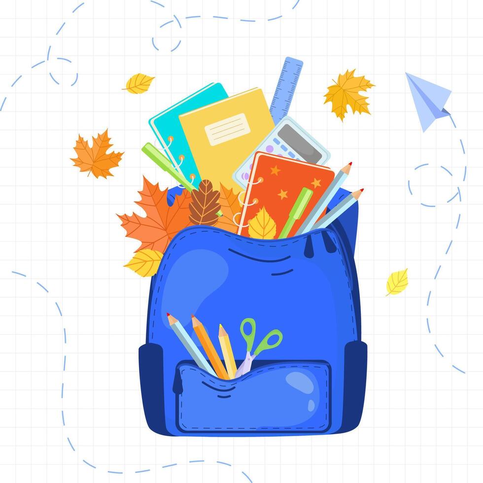 School backpack full of supplies and autumn leaves. Welcome back to school concept.Colorful illustration.Open Children's school bag with flying stationery, design for web, print, card, banner vector