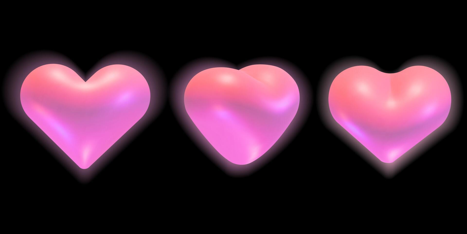 3D hearts set. Holographic shiny hearts with a soft glow various rotation positions collection isolated on a black background. 3D romantic design elements vector