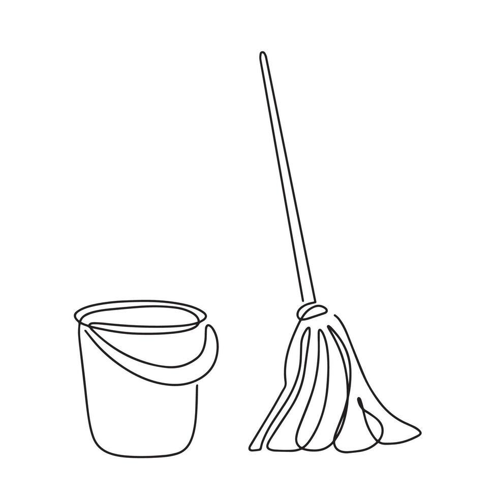 Mop and bucket, cleaning contour icons. illustration with one line. Isolated icon suitable for web pages, infographics, interface and applications vector