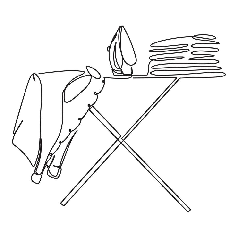 Clothes ironing in continuous line art drawing style. Modern electric smoothing iron and shirt on ironing board black linear sketch isolated on white background. illustration vector