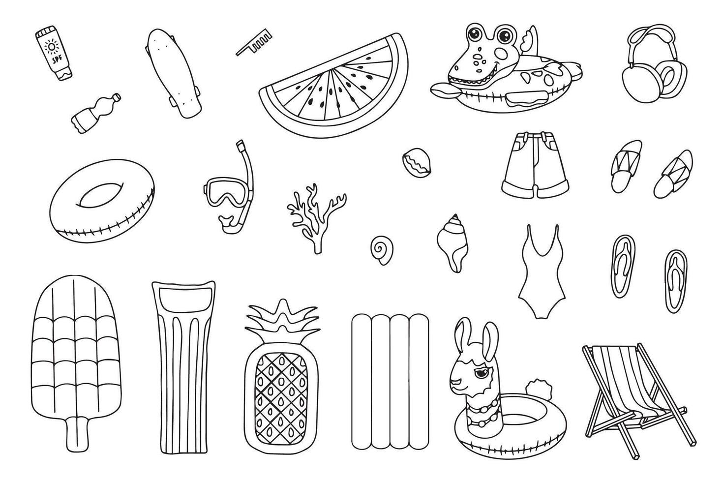 Hand drawn set of summer holiday elements, swimsuits and beach accessories. Travel element drawn in doodle style. Illustration for banner, background, badge, logo design. . vector