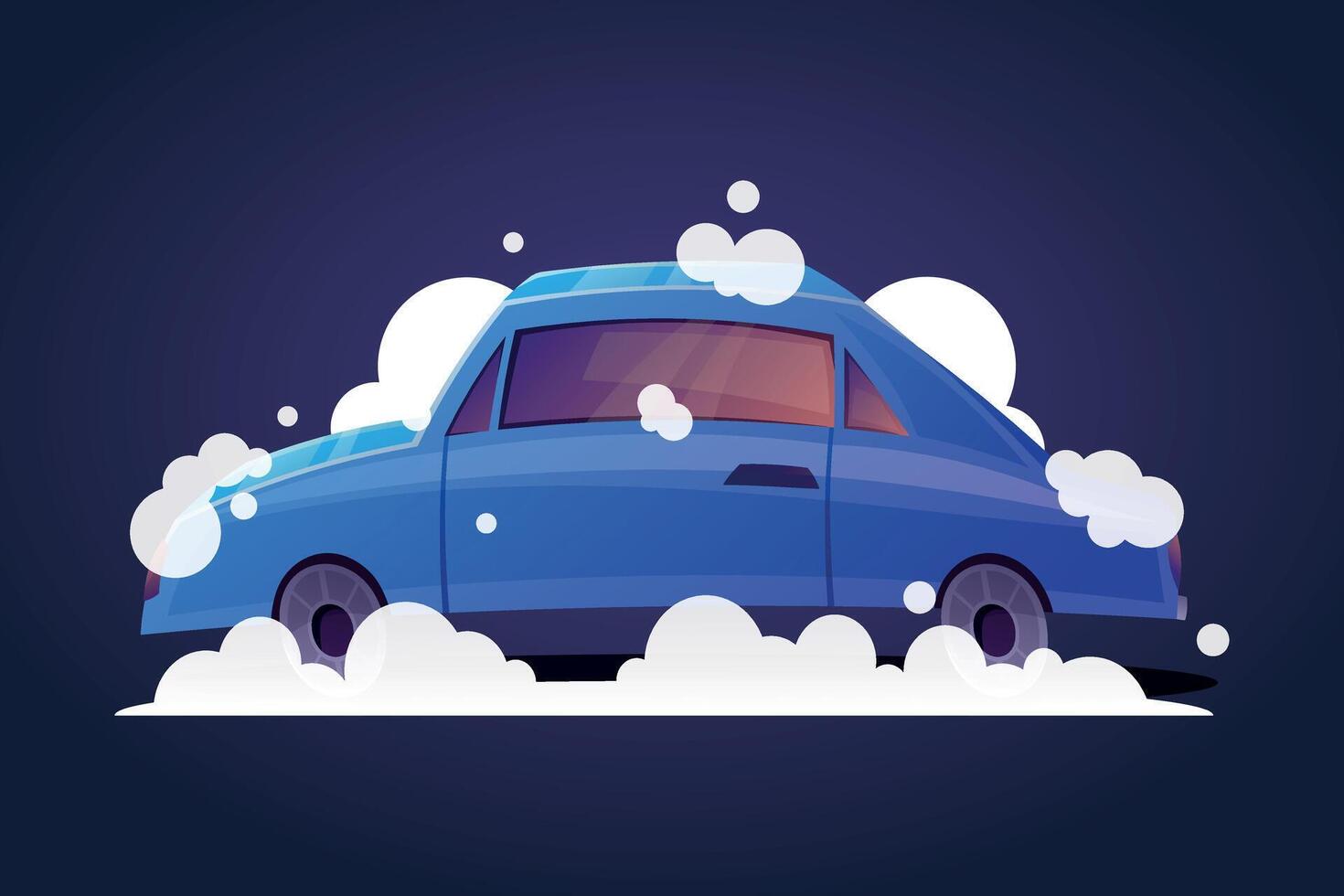 Blue sedan passenger car with foam and soap bubbles, vehicle washing. isolated cartoon illustration. vector