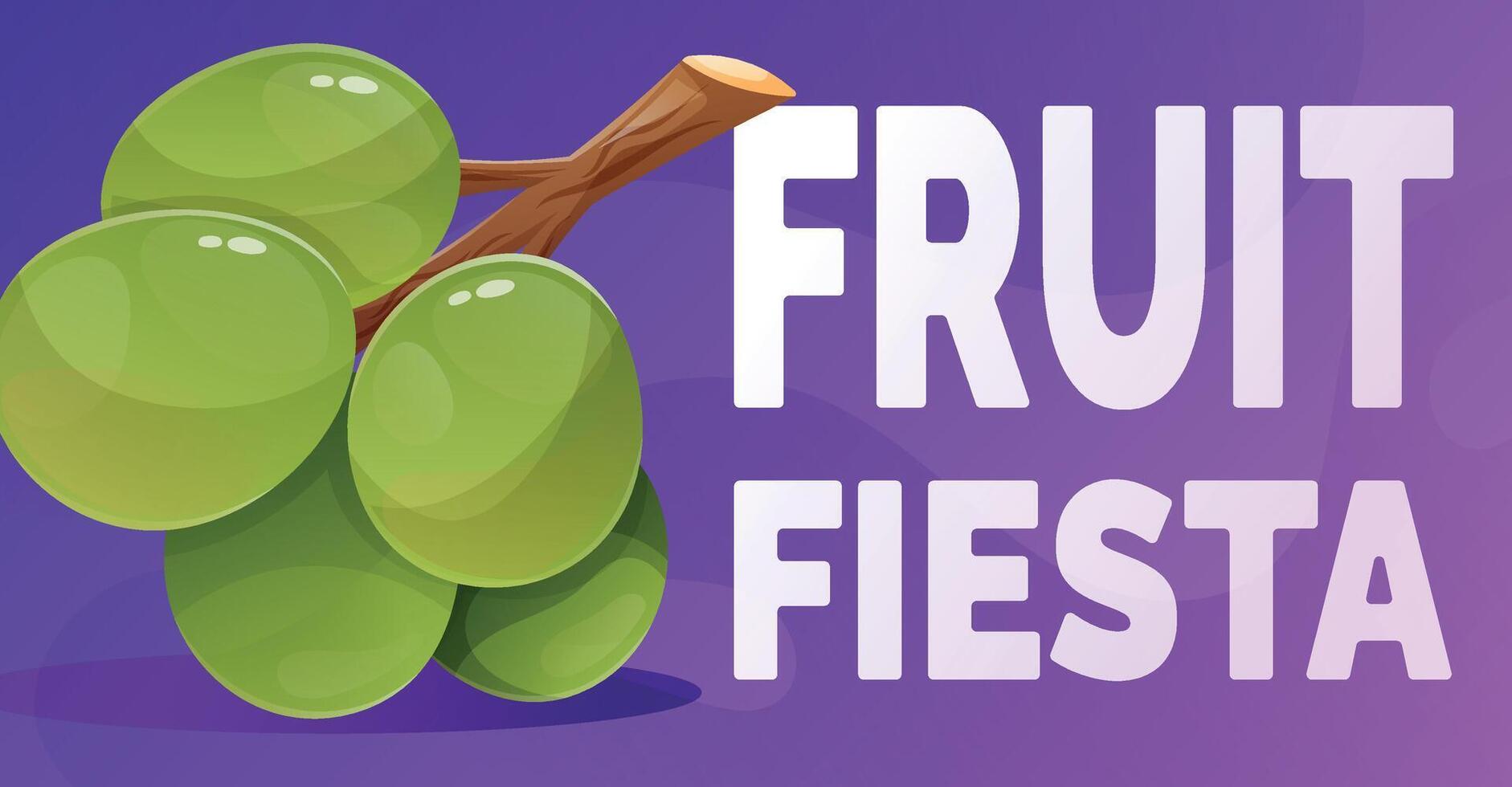 cartoon horizontal summer banner. A bunch of ripe bright green grape berries, text Fruit Fiesta. vector