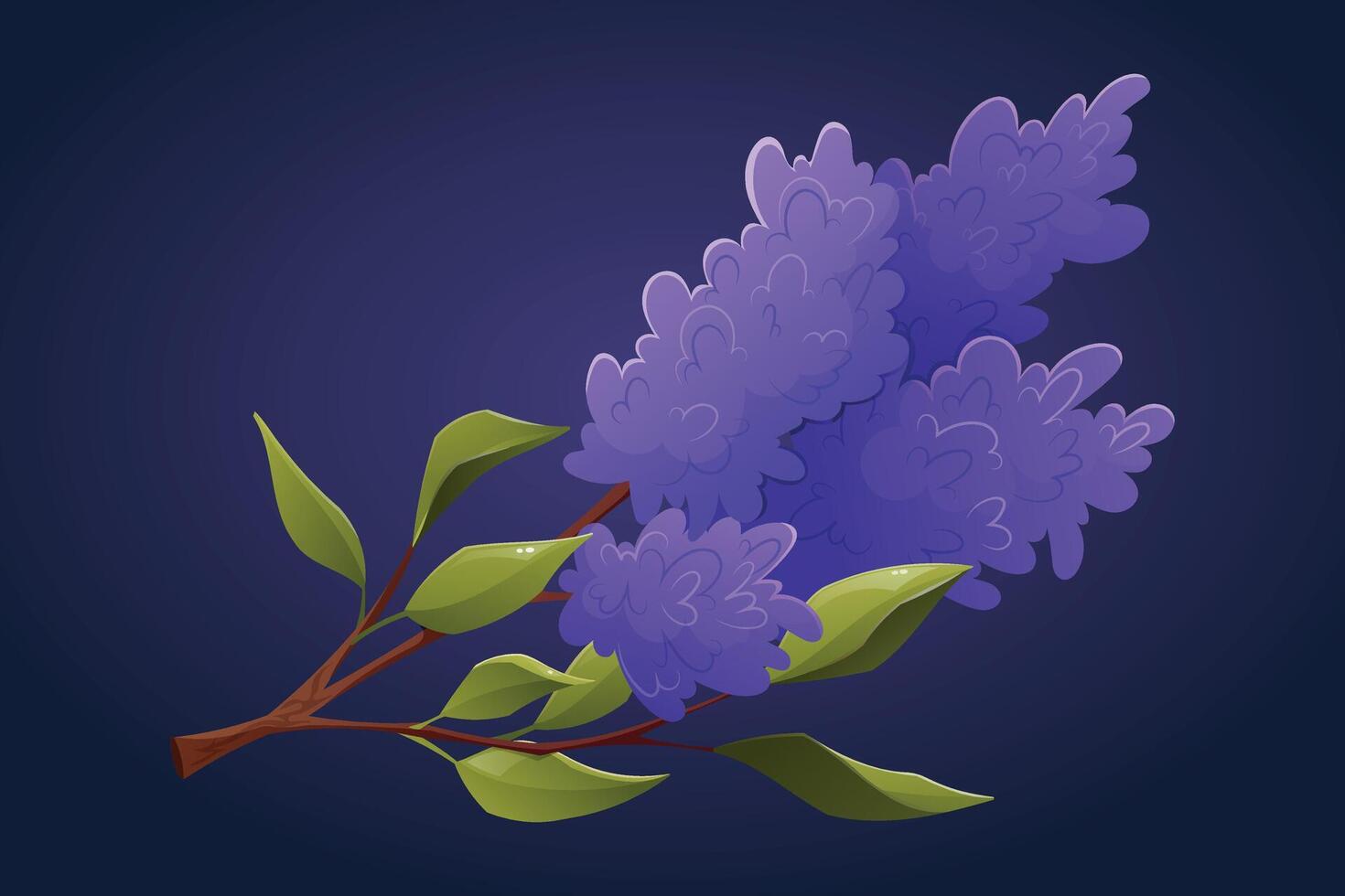 Branch of blooming purple lilac with leaves. isolated cartoon flower illustration. vector