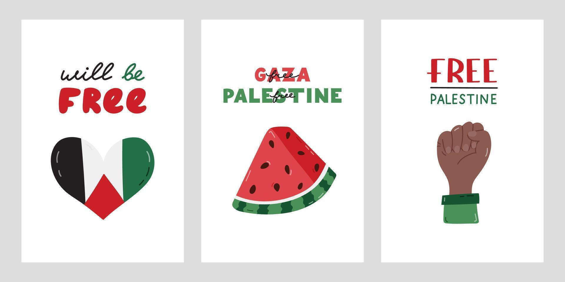 Free Palestine set of posters with handwritten lettering and simple hand drawn clipart of fist, watermelon slice, Gaza flag in the heart. Concept of support and stand with Palestine. Will Be Free. vector