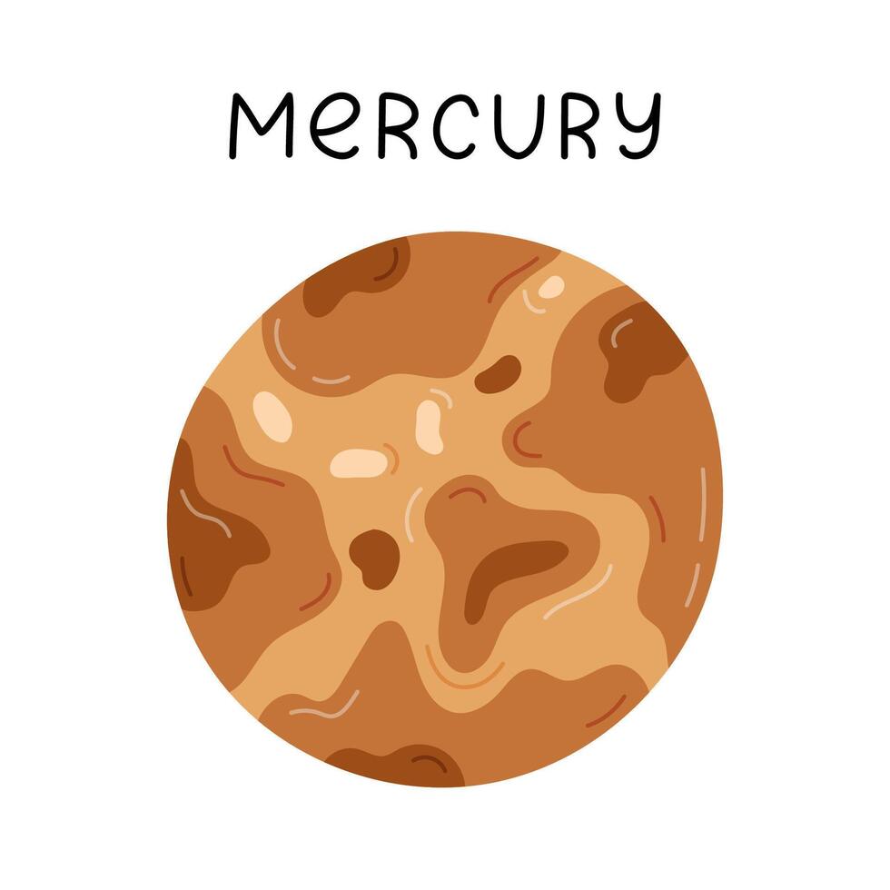 Cute hand drawn cartoon Mercury. The closest rocky planet to the Sun of Solar System. Childish simple doodle of astronomy celestial body for kids education, outer space infographic, universe placard. vector