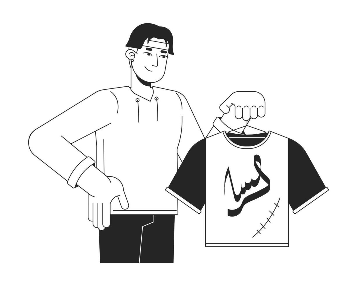 Japanese man holding fixed t shirt black and white cartoon flat illustration. Asian male reusing clothes cartoon outline character isolated on white. Consumption monochrome scene outline image vector