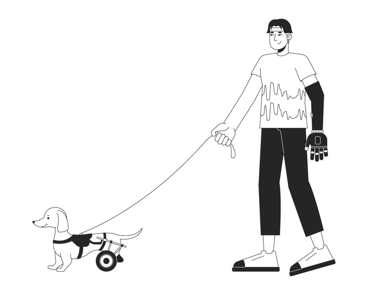 Disabled asian man walking wheelchaired dog black and white 2D line cartoon character. Pet owner with prosthetic arm isolated outline person. Disability monochromatic flat spot illustration vector