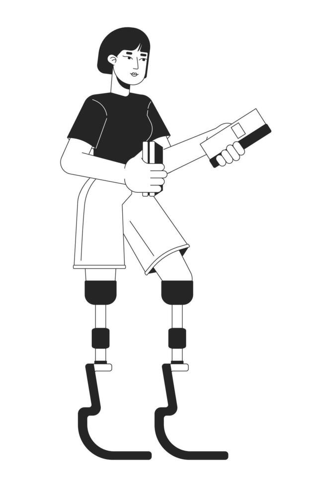 Asian woman with prosthetic legs holding books black and white 2D line cartoon character. Korean female with disability isolated outline person. Inclusion monochromatic flat spot illustration vector