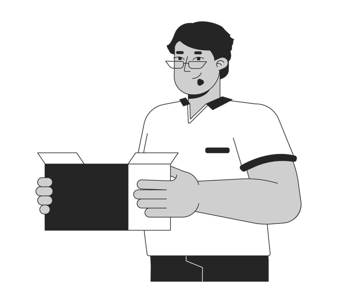 Big boned arab man with box black and white 2D line cartoon character. Middle eastern male holding package isolated outline person. Stuff collecting monochromatic flat spot illustration vector