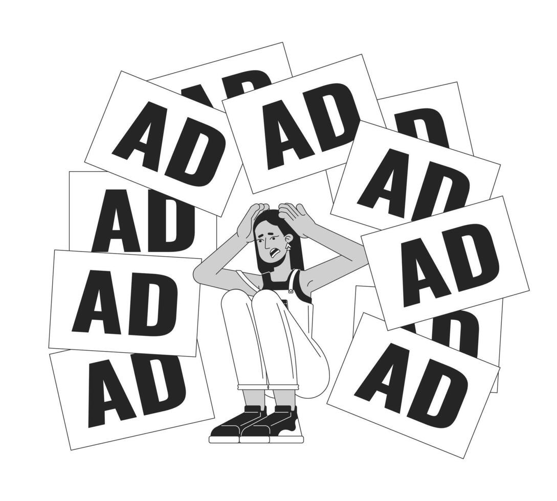 Arab woman threatened by annoying ads 2D linear illustration concept. Middle eastern female cartoon outline character isolated on white. Too much targeting metaphor monochrome art vector