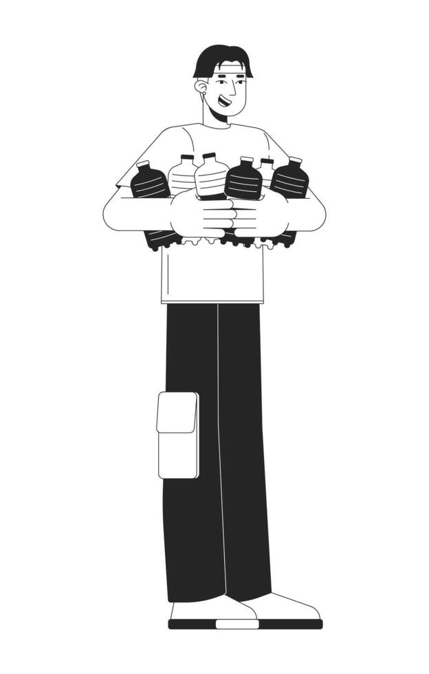 Happy asian man with water bottles black and white 2D line cartoon character. Korean male with excess drinks isolated outline person. Thirst issues monochromatic flat spot illustration vector
