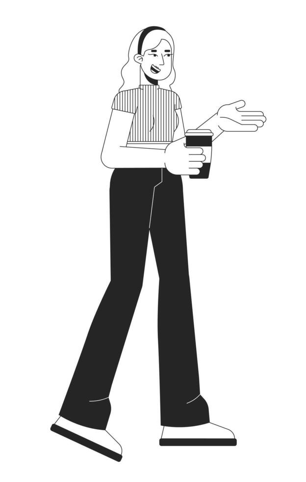 Happy caucasian woman with coffee cup black and white 2D line cartoon character. European female with drink walking isolated outline person. Lifestyle monochromatic flat spot illustration vector